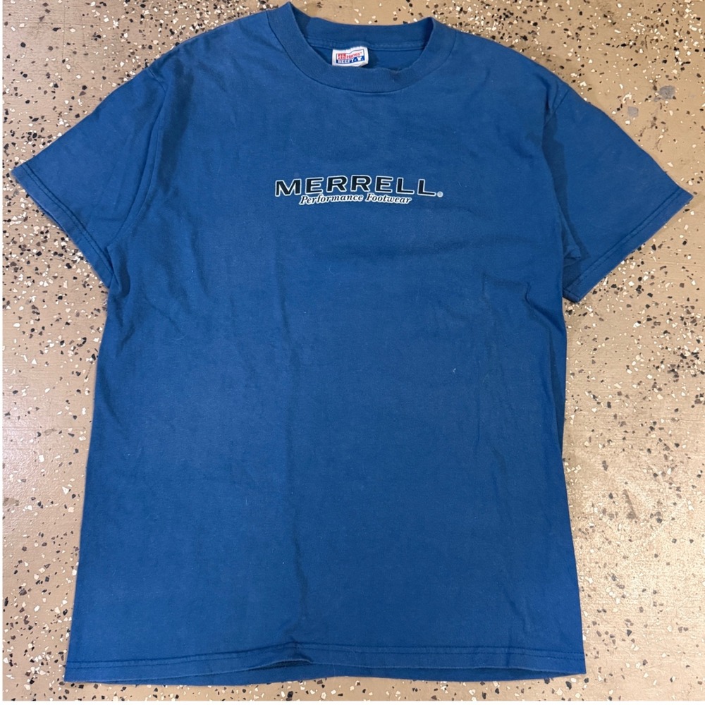 Merrell‎ Graphic T-Shirt Mens Medium Blue Excellent Hanes Beefy-T Outdoor Tee